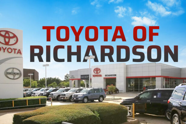 Exterior view of Toyota of Richardson dealership showcasing cars and signage